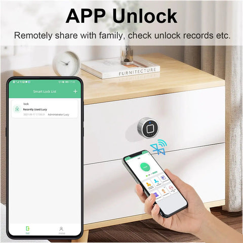Heavy Duty Biometric Cabinet Lock With Bluetooth Digital Keyless Entry For Metal Storage Featuring Instant Swipe Capability Plus Twenty Unique Prints In A Sleek Two Centimeter Frame Helping You Ditch The Keys And Ride On Smooth Daily Access, shown with mobile app control.