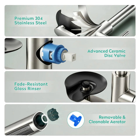 Close-up of HEROBAI Waterfall Kitchen Faucets with Glass Rinser &Sprayer Brushed Nickel, showcasing ceramic disc valve and glass rinser details.