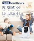 2K Indoor Security Camera With Pet And Baby Monitor All Day All Night Home Surveillance Pan Tilt 2 Way Talk Motion Tracking Human Detection Cloud Storage Dual Band WiFi 5GHz And TwoPointFourGHz Phone App Control shown near playing children