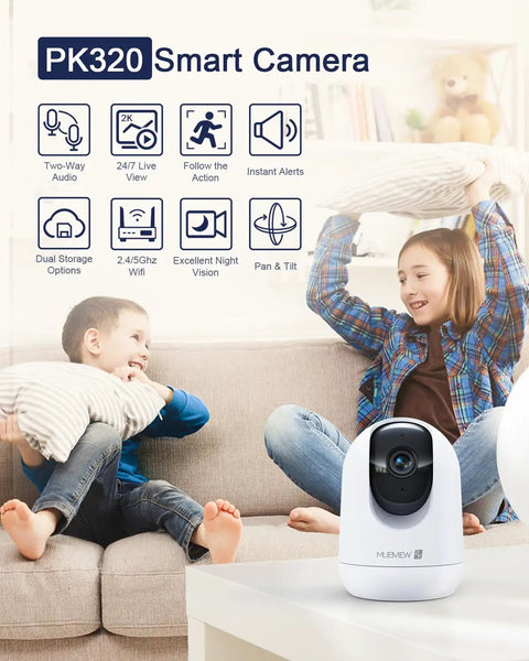2K Indoor Security Camera With Pet And Baby Monitor All Day All Night Home Surveillance Pan Tilt 2 Way Talk Motion Tracking Human Detection Cloud Storage Dual Band WiFi 5GHz And TwoPointFourGHz Phone App Control shown near playing children