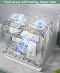 No Sweat Compact Countertop Dishwasher For Apartments Dorms And Rv With Five Place Setting Capacity, showing triple spray and interior dishes.