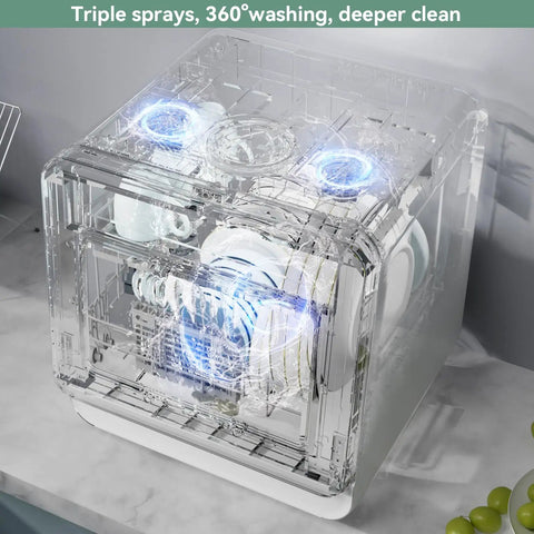 No Sweat Compact Countertop Dishwasher For Apartments Dorms And Rv With Five Place Setting Capacity, showing triple spray and interior dishes.