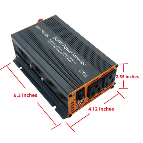 Rugged 500W Power Inverter With Dual AC Outlets And USB Port Converts DC 12V To 110V AC Modified Sine Wave dimensions 6.3x4.12x2.35 inches