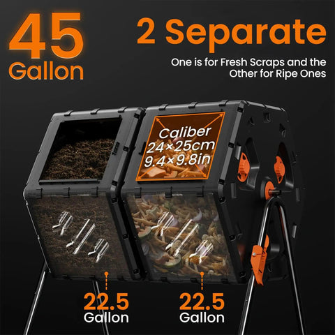 Two Chamber 45 Gallon Compost Tumbler With 360 Degree Rotation Large Outdoor Bin For Kitchen Scraps And Yard Waste Dual Independent Chambers For Continuous Composting Easy Assembly No Fuss Setup Efficient Garden Recycler showing dual independent 22.5-gallon chambers.