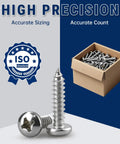 Pro Level 50 Pack 10 X 1.25 Inch Stainless Steel 304 Phillips Pan Head Self Tapping Wood Screws alongside packaging.