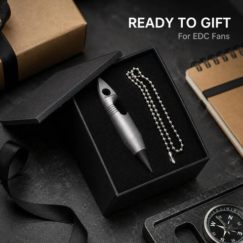 Mini Pencil EDC Pendant With Infinite Keychain in gift box, compact graphite writing tool, titanium body, perfect for on-the-go notes.