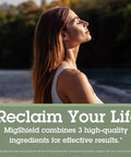 MigShield Magnesium Supplement With Riboflavin And CoQ10 60 Tablets For That Daily Energy Boost And Total Body Wellness From A Magnesium Oxide And Citrate Blend poster with woman outdoors