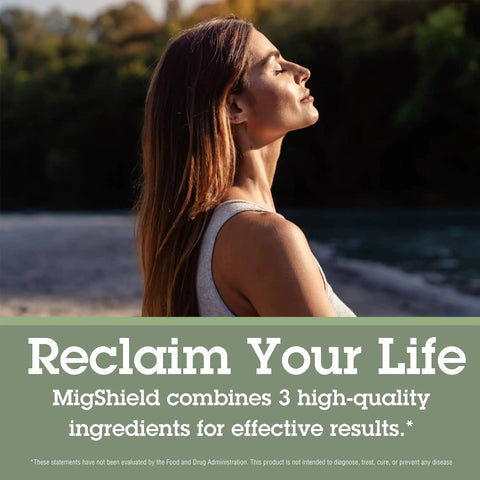 MigShield Magnesium Supplement With Riboflavin And CoQ10 60 Tablets For That Daily Energy Boost And Total Body Wellness From A Magnesium Oxide And Citrate Blend poster with woman outdoors