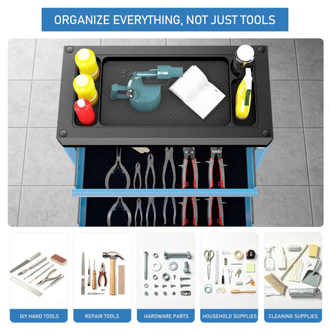 Heavy Duty 5 Drawer Rolling Tool Chest With Super Smooth Drawers To Glide Like Butter, showing organized tools and supplies.