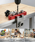 Heavy Duty Self Centering Doweling Jig Kit With Precision Drill Guide For Woodworking Crafts on a workbench with drill.