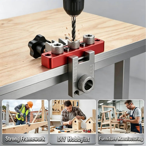 Heavy Duty Self Centering Doweling Jig Kit With Precision Drill Guide For Woodworking Crafts on a workbench with drill.