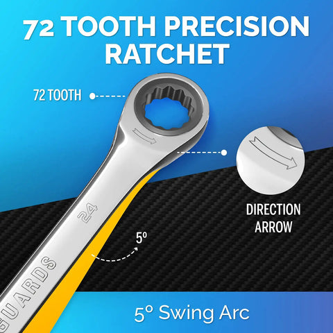Close-up of 72-tooth ratcheting wrench with directional arrow, Ratcheting Wrench Set With Slim Profile 24 Mm Chrome Vanadium Steel Built To Last.