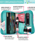 Diabetes Grab-And-Go Travel Case For Glucose Meter And Essentials, Portable Diabetic Organizer Bag, Glucometer Kit, Medical Supplies Pouch, Easy Everyday Diabetes Care open with mesh, elastic and slip pockets for diabetes supplies