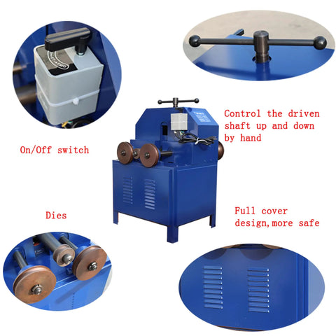 Heavy Duty Electric Pipe Bender Machine With Round And Square Die Set 110V Single Phase Tube Roller, includes on/off switch and dies.