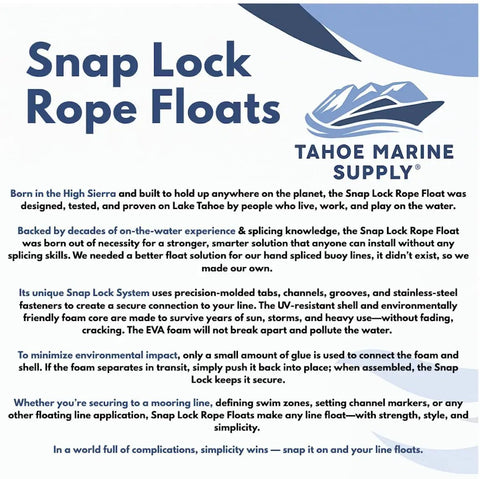 Brochure for Snap Lock Rope Floats Green 1 Count Durable Marine Rope Floats With Quick Lock System and Tahoe Marine Supply logo.