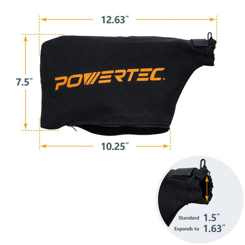 Replacement Miter Saw Dust Bag For 7-1/4 And 8-1/2 Inch Saws With 1-1/2 Inch Dust Ports, black fabric, dimensions shown.