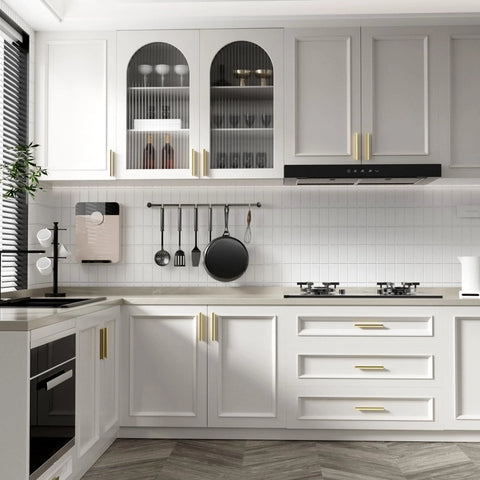 Modern kitchen with Champagne Bronze Cabinet Pulls 10 Pack 5 Inch Hole Centers 128mm Kitchen Cabinet Handles installed on white cabinets