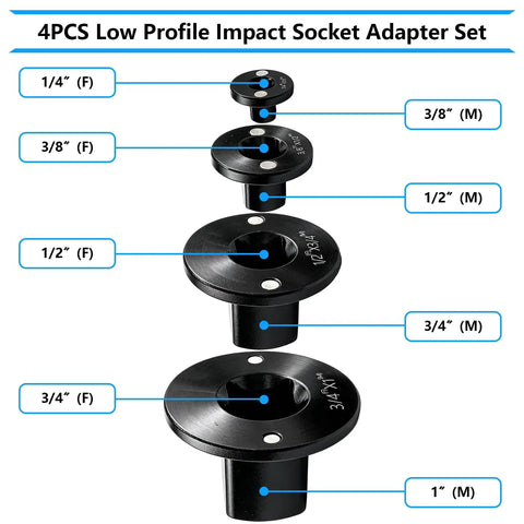 Heavy Duty Cr-Mo Low Profile Impact Socket Adapter Set 4-piece, 1/4, 3/8, 1/2, 3/4 drive sizes