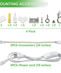 Mounting accessories for 4Pack 4Ft LED Shop Light With 50W 7500LM 6000K White Light Plug And Play Hanging Or Surface Mount Linkable T8 Bay Lights For Garage Workshop Basement And Warehouse including connectors and power cords.