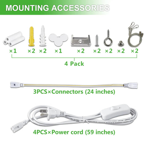Mounting accessories for 4Pack 4Ft LED Shop Light With 50W 7500LM 6000K White Light Plug And Play Hanging Or Surface Mount Linkable T8 Bay Lights For Garage Workshop Basement And Warehouse including connectors and power cords.