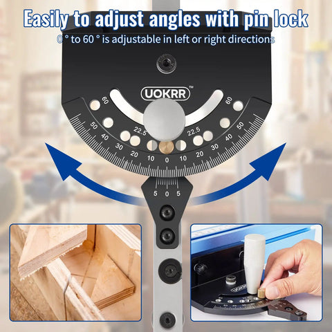 Beefy Aluminum Miter Gauge For Table Saw With Telescoping 20 To 36 Inches Fence showing angle adjustment feature with pin lock