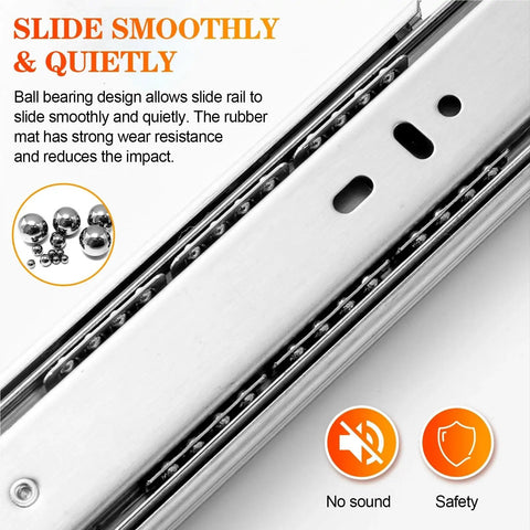 Close-up of Pair Of 3-Section Soft Close Full Extension Ball Bearing Side Mount Drawer Slides 100 LB Capacity 20 Inch Length Smooth Glide