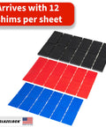 High Impact Plastic Flat Shims Leveling Spacers One Eighth Inch Thick Bulk Case 300 Pieces, 12 black, red, and blue shims per sheet.