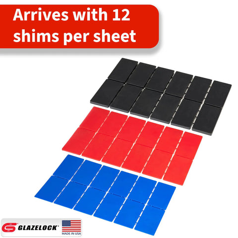 High Impact Plastic Flat Shims Leveling Spacers One Eighth Inch Thick Bulk Case 300 Pieces, 12 black, red, and blue shims per sheet.