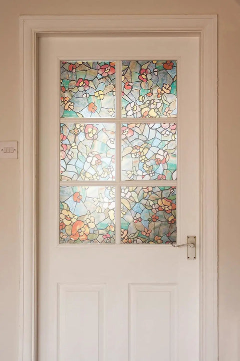 Self Adhesive Privacy Glass Window Film Venetian Garden Pattern installed on a glass door for privacy and decoration.