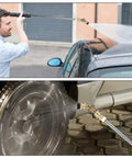 Pressure washer nozzle kit with 1/4 in quick-connect; top view shows spray on car, bottom shows wheel cleaning close-up.