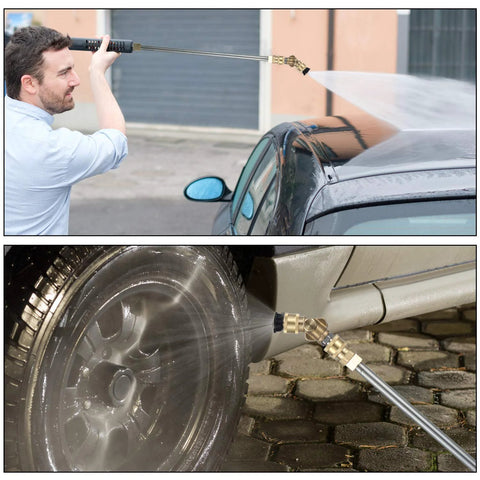 Pressure washer nozzle kit with 1/4 in quick-connect; top view shows spray on car, bottom shows wheel cleaning close-up.