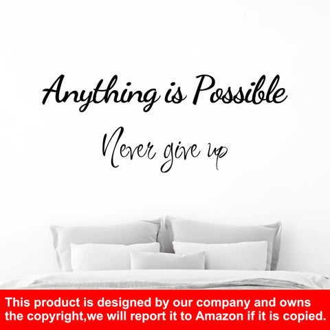 Removable Peel And Stick Inspirational Quote Wall Decals Set With Four Motivational Phrases Be Amazing Today Believe In Yourself Anything Is Possible Never Give Up For Classroom Home Office Living Room Bedroom DIY Decor displayed above a bed