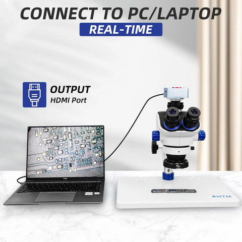 Pro Grade Trinocular Stereo Zoom Microscope With 4K Camera For Electronics Repair And Watchmaking, 7X To 50X Magnification, WF10x Eyepieces, HDMI Ready, High Clarity Imaging For Soldering And Inspection connected to laptop