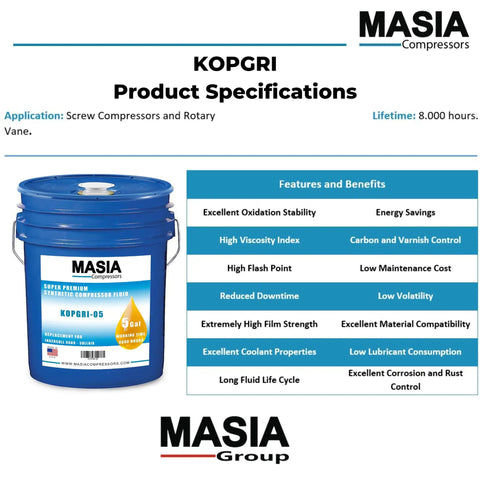 Pro Grade Synthetic Rotary Screw Compressor Lubricant 5 Gal Durable, Long Lasting Formula Made in USA for Heavy Duty Industrial Compressors Meets Industry Specs, Reduces Wear, Extends Life, Keeps Systems Cool Under Pressure for Peak Performance, blue pail