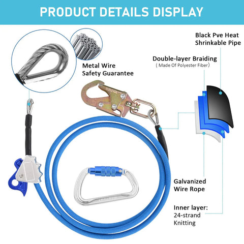 Diagram of Blue Steel Core Flip Line Kit For Tree Climbers With Double Lock Carabiner Adjuster; details include materials and features