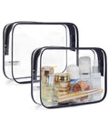 Clear Toiletry Bags Set Two Pack TSA Approved Carry On Travel Pouches Water Repellent Cosmetic Bags For Women Quart Size See Through Airport Security Friendly Black Must Have, showing filled and empty transparent pouches.