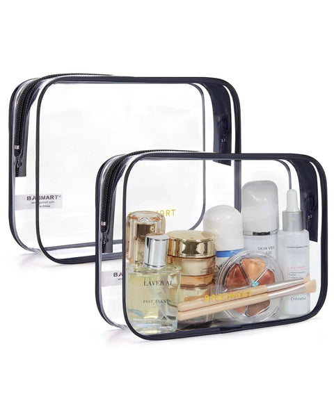 Clear Toiletry Bags Set Two Pack TSA Approved Carry On Travel Pouches Water Repellent Cosmetic Bags For Women Quart Size See Through Airport Security Friendly Black Must Have, showing filled and empty transparent pouches.