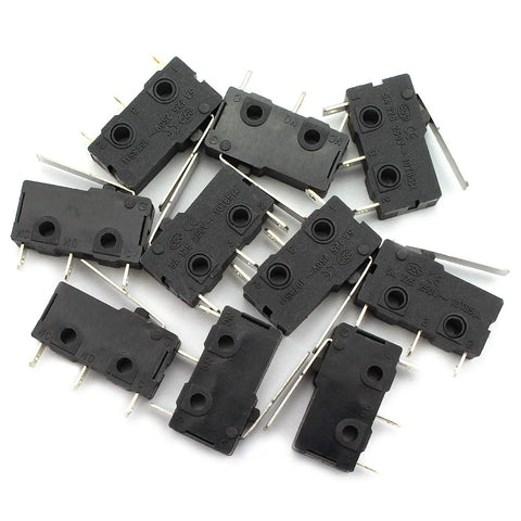 Ten Pack KW12 B Micro Limit Switches with Three Pin Terminals and Lever Arm in a Durable Plastic Shell for Machinery