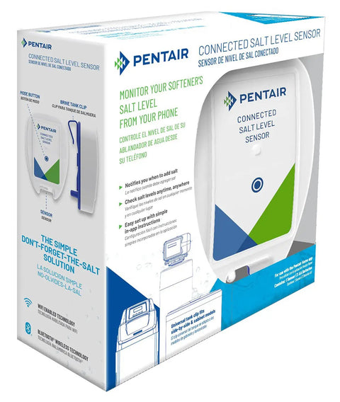 Smart Salt Level Sensor For Water Softening Systems Set And Forget With WiFi Or Bluetooth Alerts By Email Or Push Notifications Universal Tank Clip Fits Side By Side Or Cabinet Style Tanks Never Run Out Of Salt Again packaging
