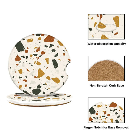 Colorful Marble Cork Base Car Coasters Set 2 Pack 2.56 Inches Universal Cup Holder Fit Absorbent Terrazzo Ceramic Stone Coasters shown.