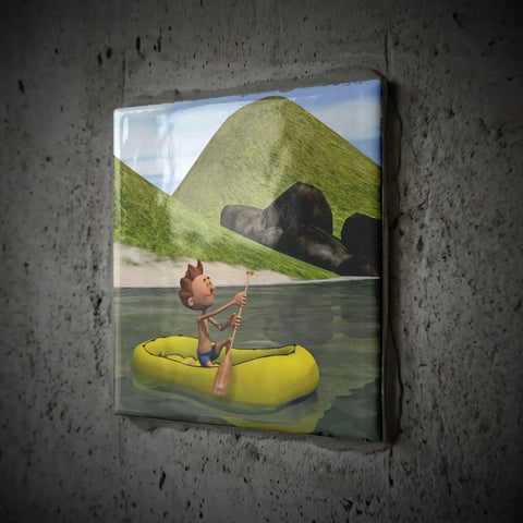 Cartoon Dude On Ocean Rowing Inflatable Raft 8 Inch Ceramic Tile For Backsplash And Countertop Accent With High Gloss Finish