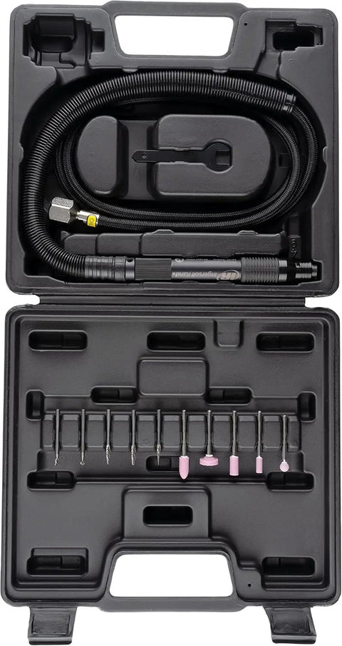 Air Pencil Grinder Kit With One Eighth Inch Collet 60,000 RPM Inline Rear Exhaust Includes Five Mounted Points And Five Carbide Burrs TPU Grip Low Vibration Oversized Speed Control Knob For Fine Detailing Deburring And Precision Shaping in case