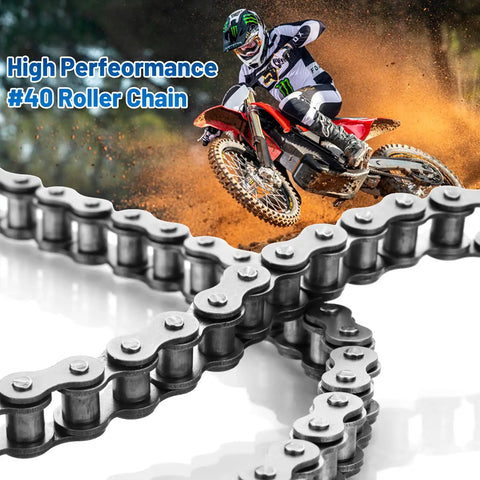 Heavy Duty 40 Roller Chain For Go Karts Mini Bikes Scooters Motorcycles Bicycles ATV Dirt Bikes And Industrial Machinery Ten Feet Long 240 Links With Five Master Links Included For Fast Repairs And Ready To Roll, shown with a dirt bike in background.