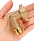 Hand holding Heavy Duty Brass Garden Hose Elbow Connector 90 Degree Three Quarter Inch Male To Female Adapter With Four O Rings Solid Brass