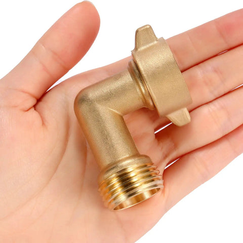 Hand holding Heavy Duty Brass Garden Hose Elbow Connector 90 Degree Three Quarter Inch Male To Female Adapter With Four O Rings Solid Brass