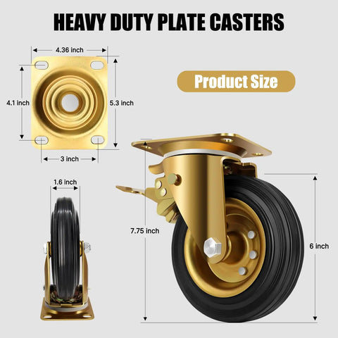 Heavy Duty 6 Inch Casters Set Of 4 With Dual Locking Brakes showing dimensions and design for tool carts.