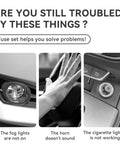 Image showing car issues: fog lights off, horn not working, and cigarette lighter problem, addressed by Mega 306 Piece Car Fuse Kit.