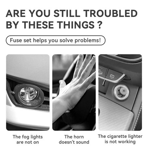 Image showing car issues: fog lights off, horn not working, and cigarette lighter problem, addressed by Mega 306 Piece Car Fuse Kit.
