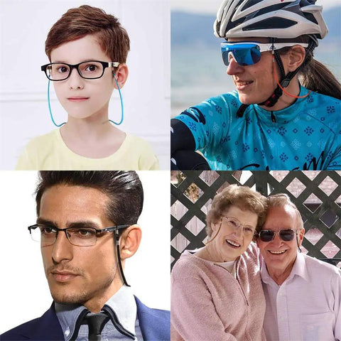 4 Pack Adjustable Eyeglass Straps Leather Glasses Chain Lanyard Set for Men Women and Kids shown in use with diverse wearers