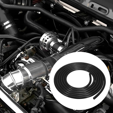 Top Tier Silicone Vacuum Hose Kit With Heavy Duty 130 PSI Lines And Massive Connector Set For Durable Auto Piping Repairs On Multiple Vehicle Mods That Actually Last. Black silicone hose coil in engine bay